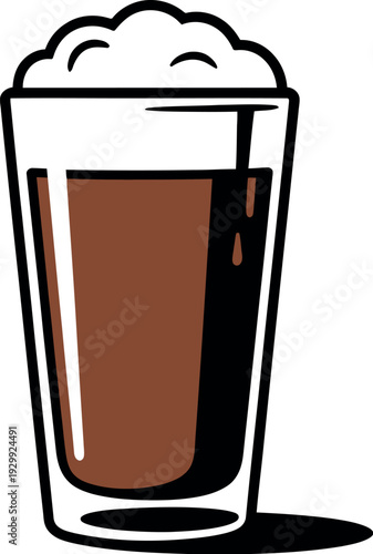 A cartoon illustration of a glass filled with a brown liquid and topped with foam.