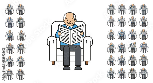 Relaxed Elderly Man Reading Newspaper in Armchair on Isolated White Background