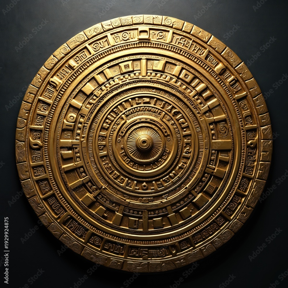 Naklejka premium Golden Mayan calendar circular pattern. Intricate geometric symbols on dark background. Ancient art design, detailed craftsmanship. Cosmic history, cultural heritage.