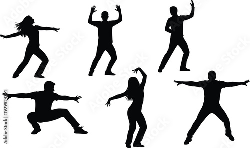Black silhouettes of people dancing and performing expressive poses including jumping, squatting, and reaching for urban lifestyle, fitness, energy, and modern dance concepts.