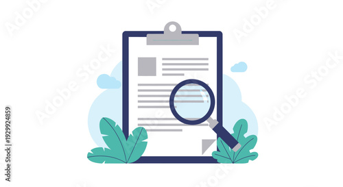 Clipboard with document and magnifying glass illustration.