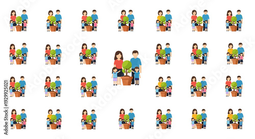 Loving Families with Tree Icons Representing Growth and Care on Isolated White Background