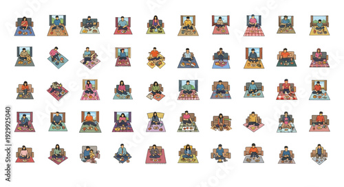 Collection of colorful abstract geometric shapes and icons arranged in a grid pattern.