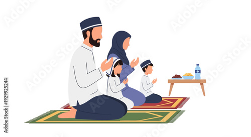 Family praying together on prayer mat with traditional clothing.