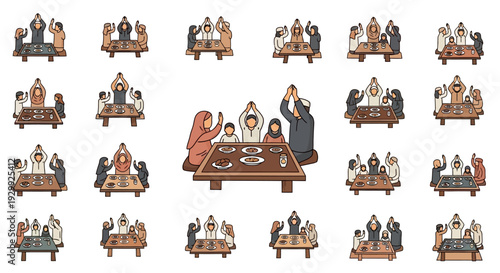 Diverse group of people sitting at tables in various configurations and activities.