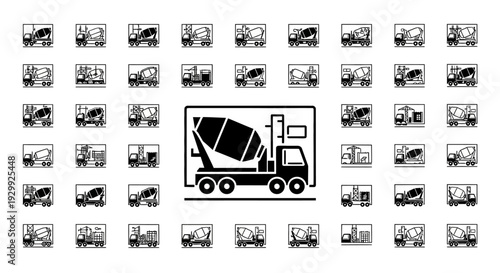 Concrete mixer truck icon surrounded by various construction vehicle icons.