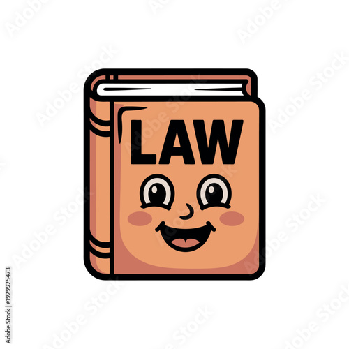 A cartoon illustration of a smiling law book with a friendly face and a solid white background