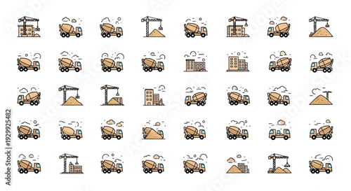 Collection of Construction Vehicles and Equipment Icons.