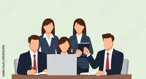 Professional Business Team Meeting Vector Illustration. Corporate Staff Collaboration and Executive Leadership at Office Desk.