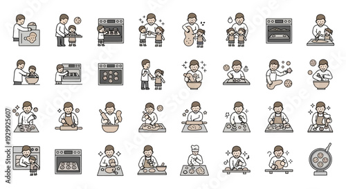 Collection of cartoon illustrations depicting a man working on various computer tasks and activities.