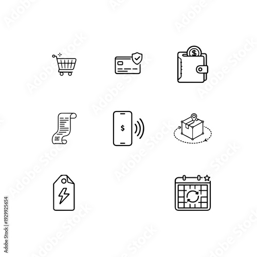 E-commerce and digital payments linear icon set, online shopping cart, secure checkout and mobile wallet vector symbols