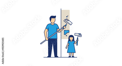 Father and daughter painting wall together with rollers.