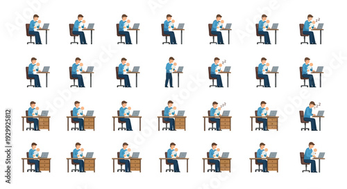 Man working at desk in various positions and activities.
