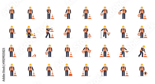 Collection of construction workers in various poses and actions.