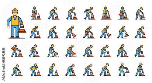 Construction worker character in various poses and actions.