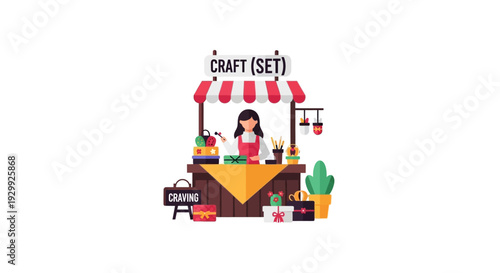 Woman selling handmade crafts at a market stall with awning.
