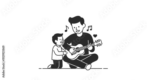 Father and son enjoying music together with guitar.