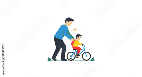 Father teaching young son to ride a bicycle on grass.