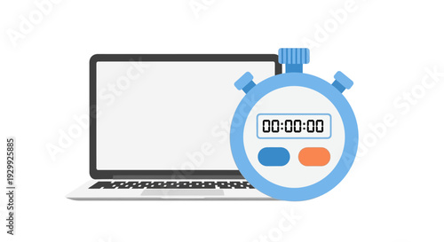 Laptop with stopwatch timer on white background.