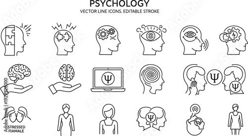 Vector line icons for psychology mental health counseling cognitive therapy brain science and professional psychiatric services