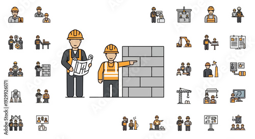 Construction workers building a brick wall with various related icons.