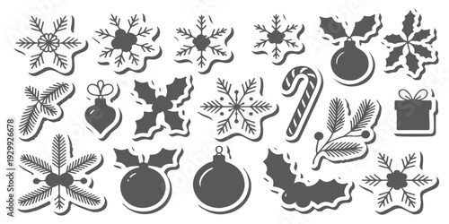 Christmas Holiday Silhouette Icons Set of Snowflakes Holly Ornaments Candy Cane and Pine Decorations.