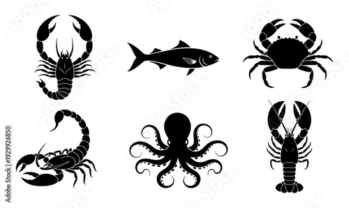 A collection of various sea creature silhouettes including a crab, lobster, fish, scorpion, octopus, and shrimp