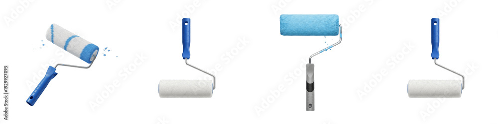 Obraz premium Set and collection of professional paint rollers with blue handles and white foam covers isolated on white transparent png background.