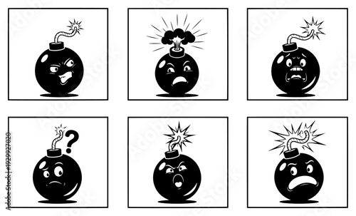 Six cartoon bombs with different expressions and reactions