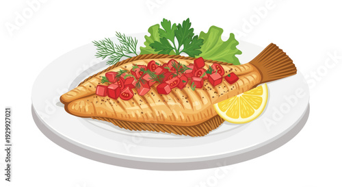 Grilled Fish with Tomato Topping and Lemon Slice on White Plate