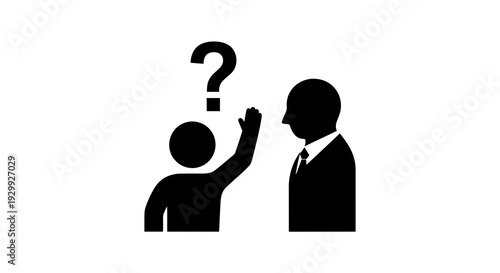 Simple black and white illustration of a person asking a question to another person.
