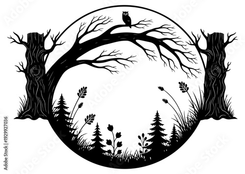 A serene forest scene with a full moon and a red fox walking on a path