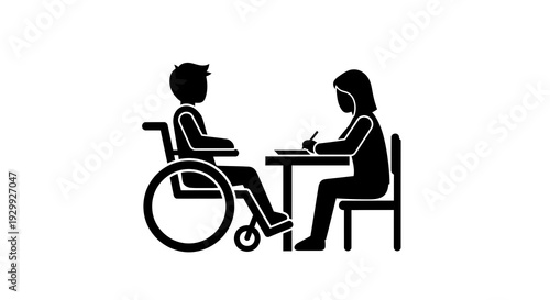 Silhouette of a person in a wheelchair interacting with another person.