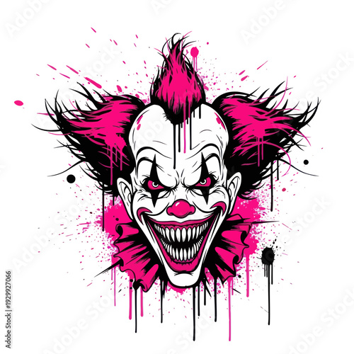 Scary Clown Face with Pink Splatter - Horror Halloween Illustration