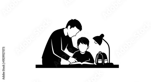 Father assisting son with homework at desk with lamp.