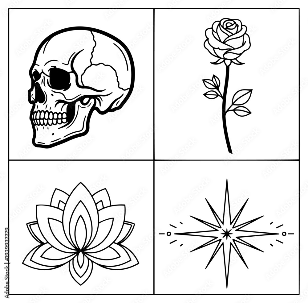 Fototapeta premium A collection of intricate black and white illustrations featuring a skull, a rose, a lotus, and a star.