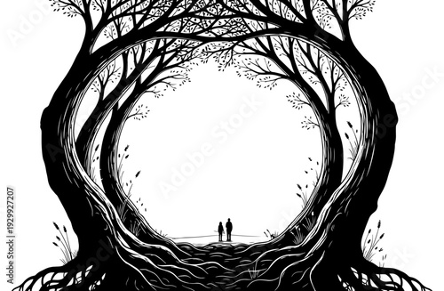A couple stands together in a mysterious, tree-lined tunnel in a dark forest.