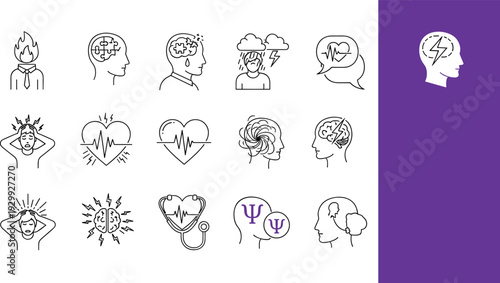 Vector line icons for psychology mental health emotional stress depression cognitive therapy and professional psychiatric counseling services