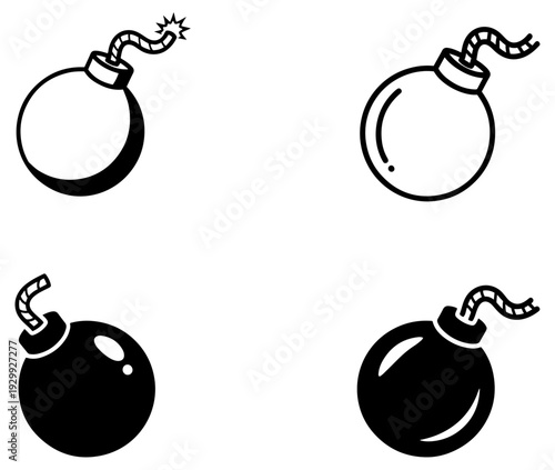 Four different types of bombs with varying colors and designs.