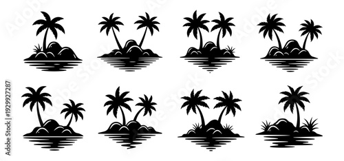 Nine black and white illustrations of tropical islands with palm trees