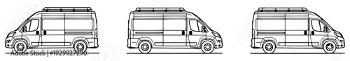 Three black and white illustrations of a motorhome parked on a road