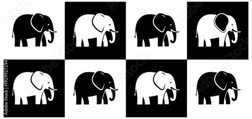 A collection of eight black and white elephant icons arranged in two rows