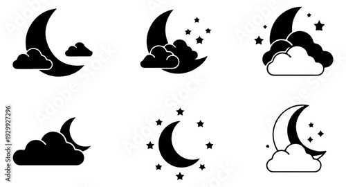 Vector silhouette Eight different moon phases and cloud formations in a black color scheme