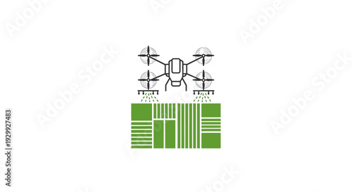 Drone flying over a green field with a simple graphic representation.
