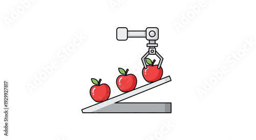 Mechanical arm placing red apple on inclined conveyor belt.