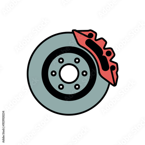 A cartoon illustration of a brake rotor and pad on a white background