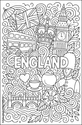 England hand drawn vector illustration doodle art line art coloring page for kids