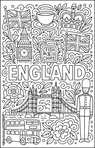 England hand drawn vector illustration doodle art line art coloring page for kids