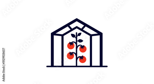 Simple graphic of a greenhouse with a plant and fruit inside.