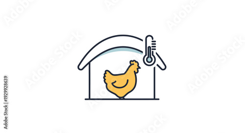 Simple line drawing of a chicken in a coop with a thermometer.